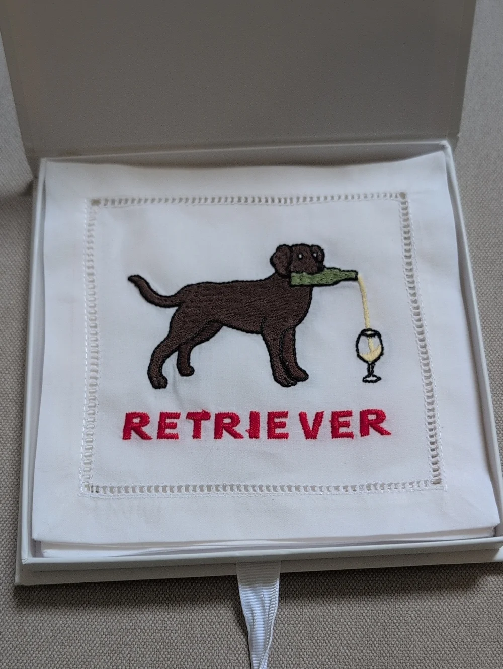 August Morgan Retriever Embroidered White Cotton Cocktail Napkin Boxed Set of 4